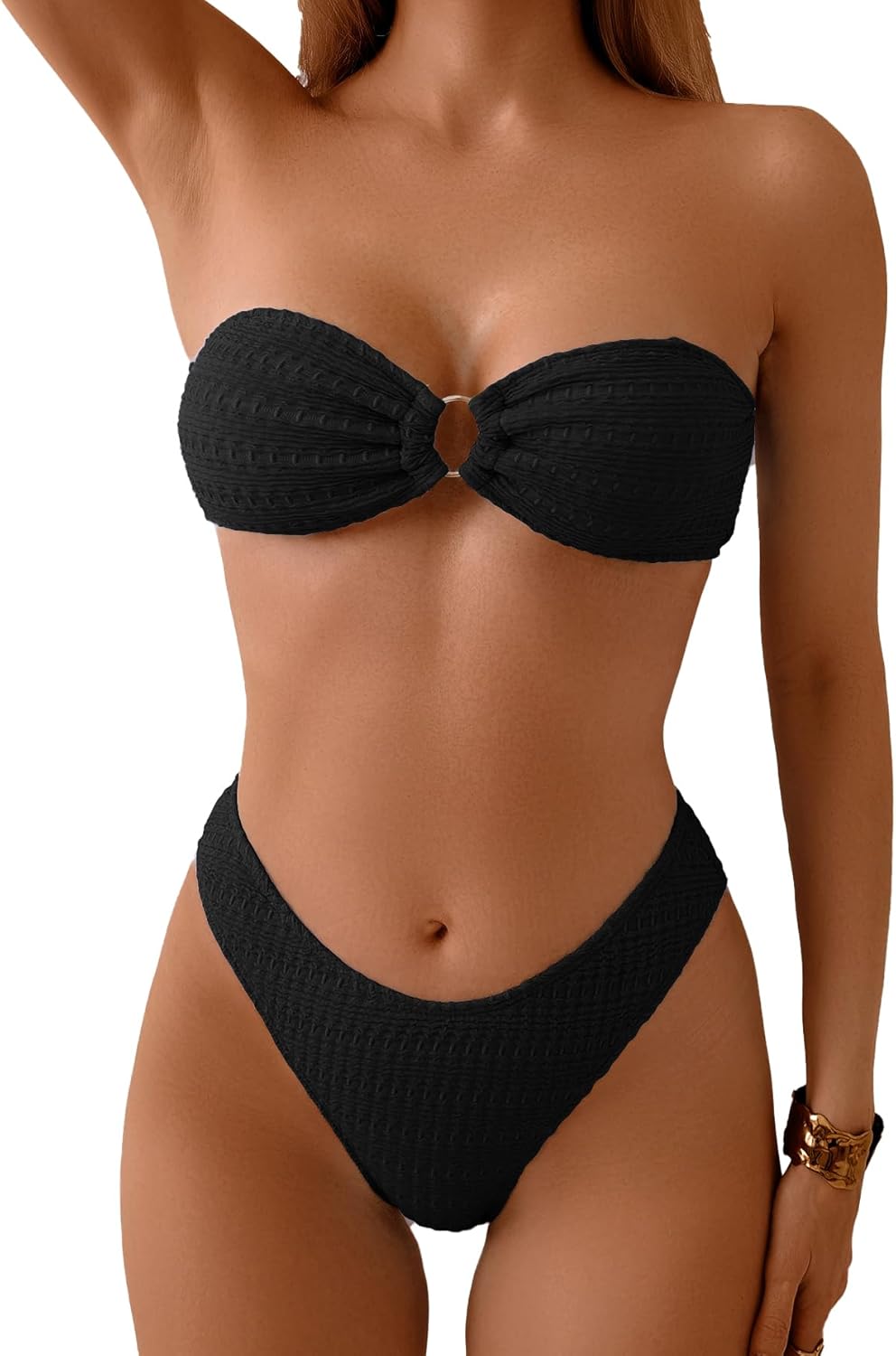 Limeeke Women's Strapless Bandeau Bikini Sets Ring Linked Two Piece Swimsuit Removable Strap Textured Bathing Suit